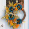 Thanksgiving Blue Sunflower Wreath Patio Leopard Ribbon Deadwood Door Hanging Decoration Simulated Flower Rattan Wreath Wall Hanging